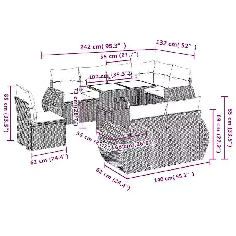 vidaXL Salon de jardin 9 pcs avec coussins résine tressée