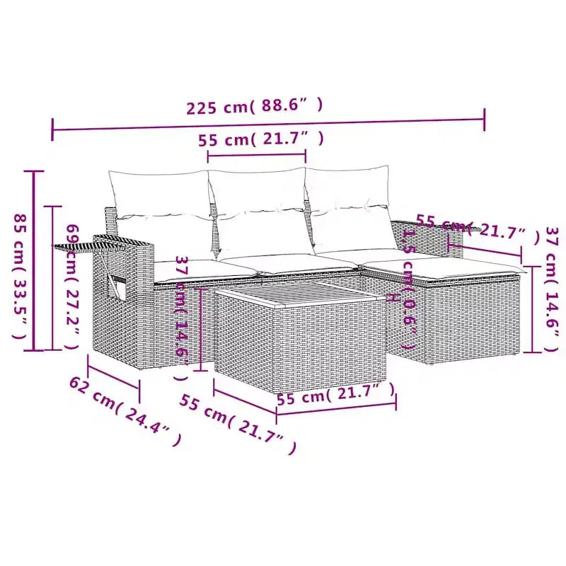 vidaXL Ensemble de canapés de jardin 5 pièces avec coussins en résine tressée gris