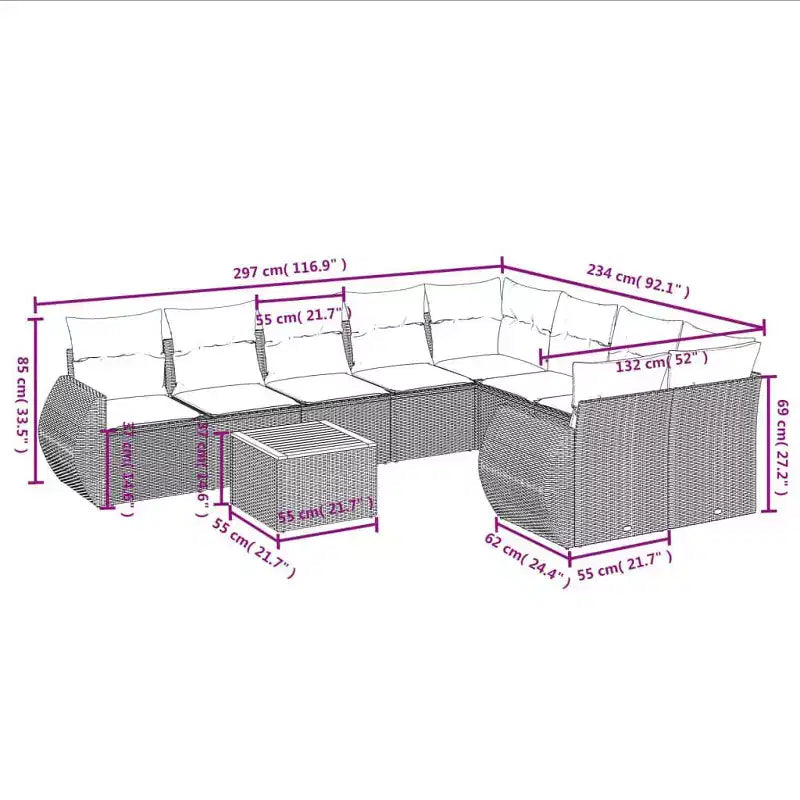 vidaXL Salon de jardin 10 pcs avec coussins résine tressée