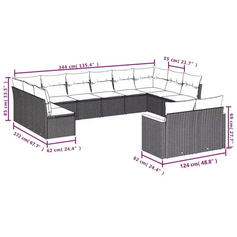 vidaXL Salon de jardin 12 pcs avec coussins résine tressée