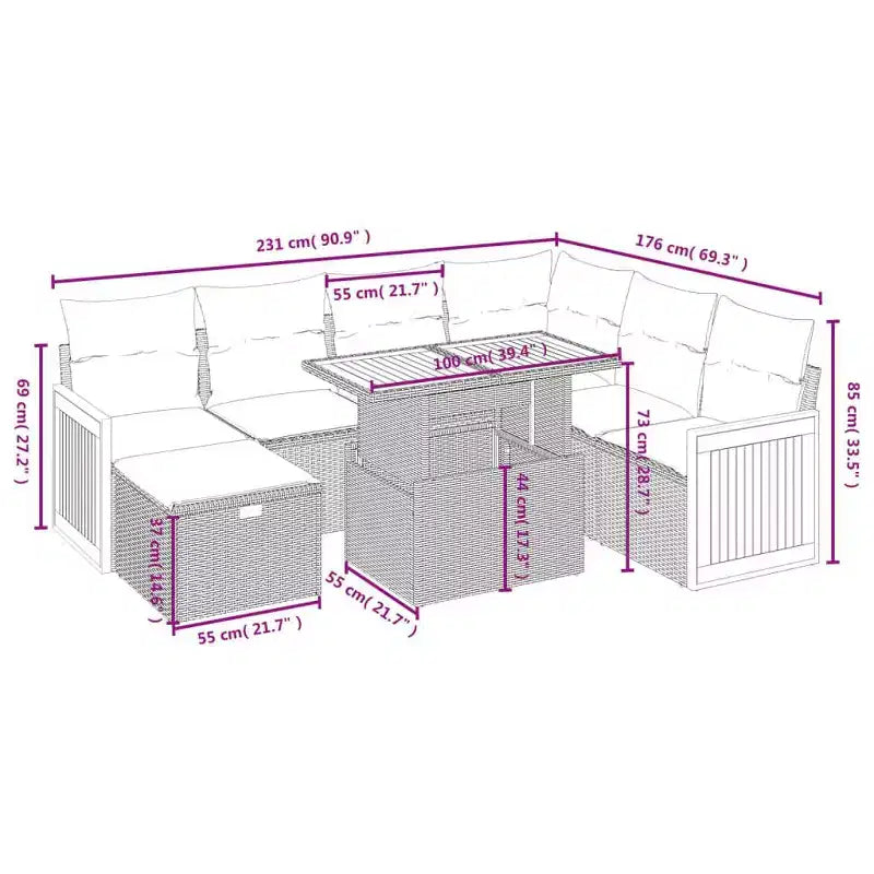 vidaXL Salon de jardin 8 pièces en résine tressée avec coussins, modulable et table réglable