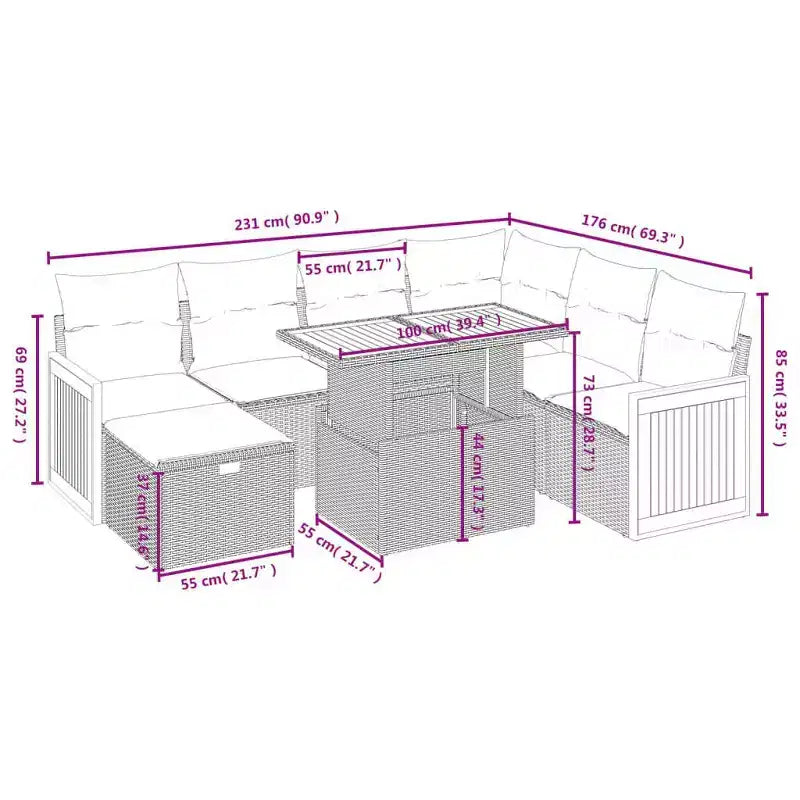 vidaXL Salon de jardin 8 pièces en résine tressée avec coussins, modulable et table réglable