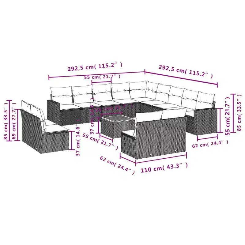 vidaXL Salon de jardin 14 pièces avec coussins en rotin synthétique gris