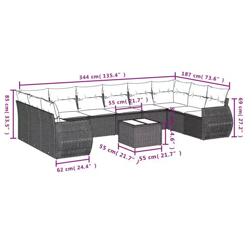 vidaXL Salon de jardin 10 pcs avec coussins Résine tressée Gris