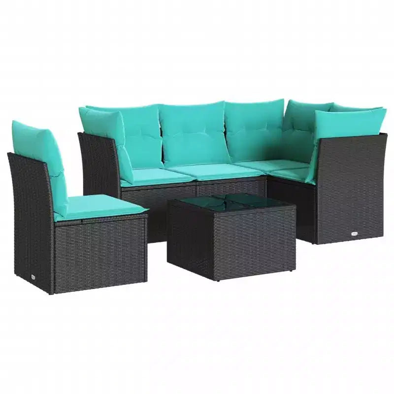 vidaXL 6 Piece Patio Sofa Set with Cushions Poly Rattan - Black and Blue With Table