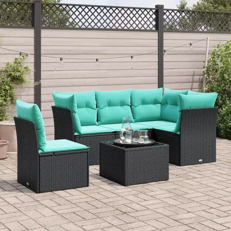 vidaXL Salon de jardin 6 pcs avec coussins résine tressée - Noir et bleu avec table