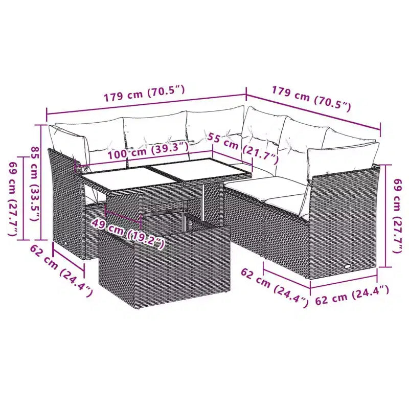 vidaXL Salon de jardin 6 pièces avec coussins, en résine tressée, modulable, table réglable, plusieurs couleurs