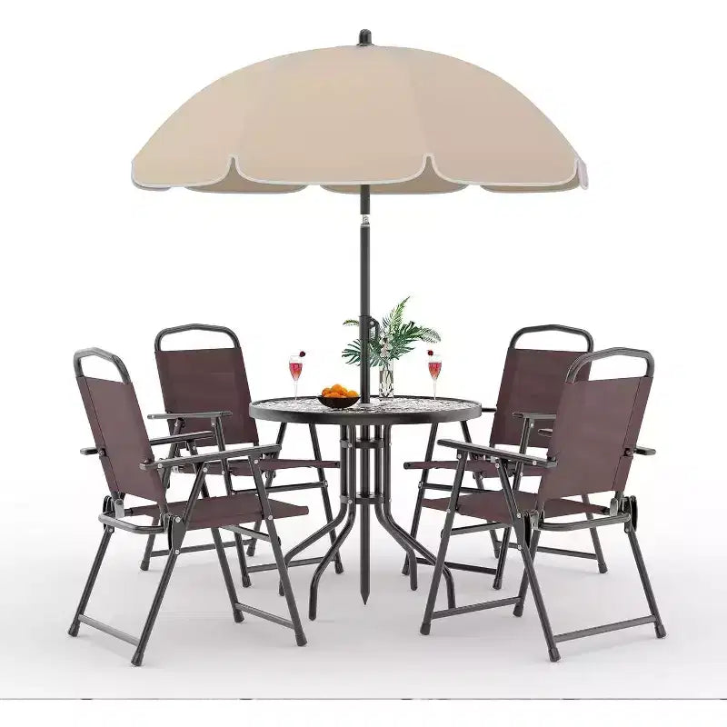 COZONY Patio Dining Set for 4, 6 Piece Outdoor Furniture 4 Folding Chairs Table Tempered Glass Top for Garden Deck Poolside