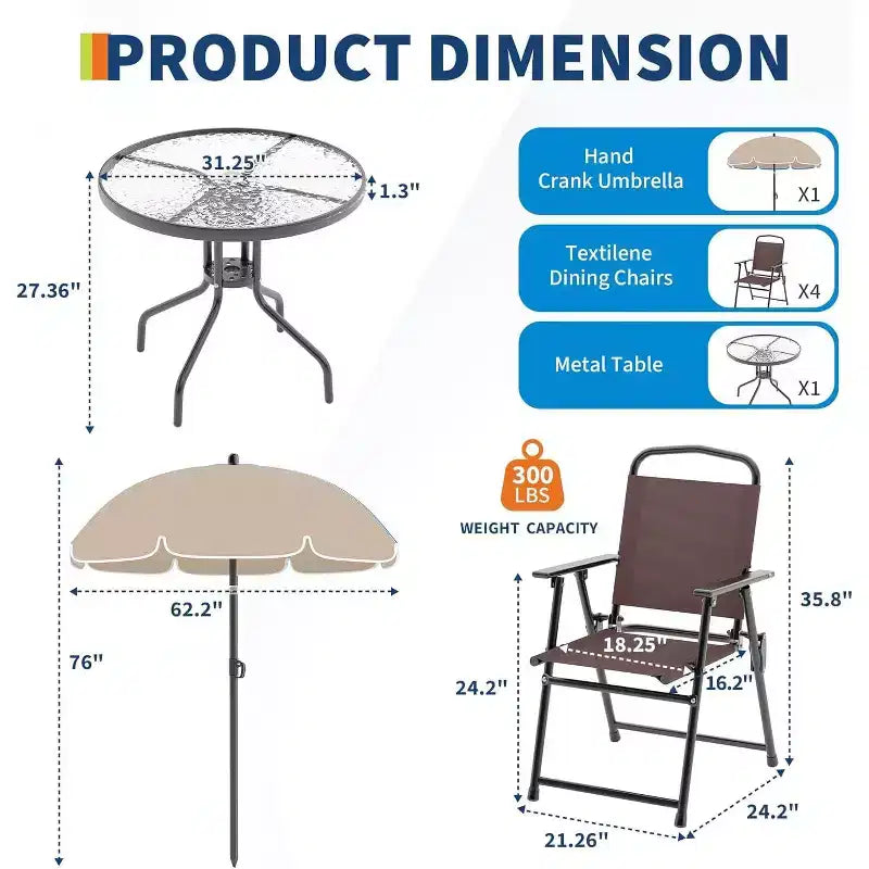 COZONY Salon de jardin 4 personnes, 6 pièces de mobilier d'extérieur 4 chaises pliantes Table plateau en verre trempé pour jardin, terrasse, piscine