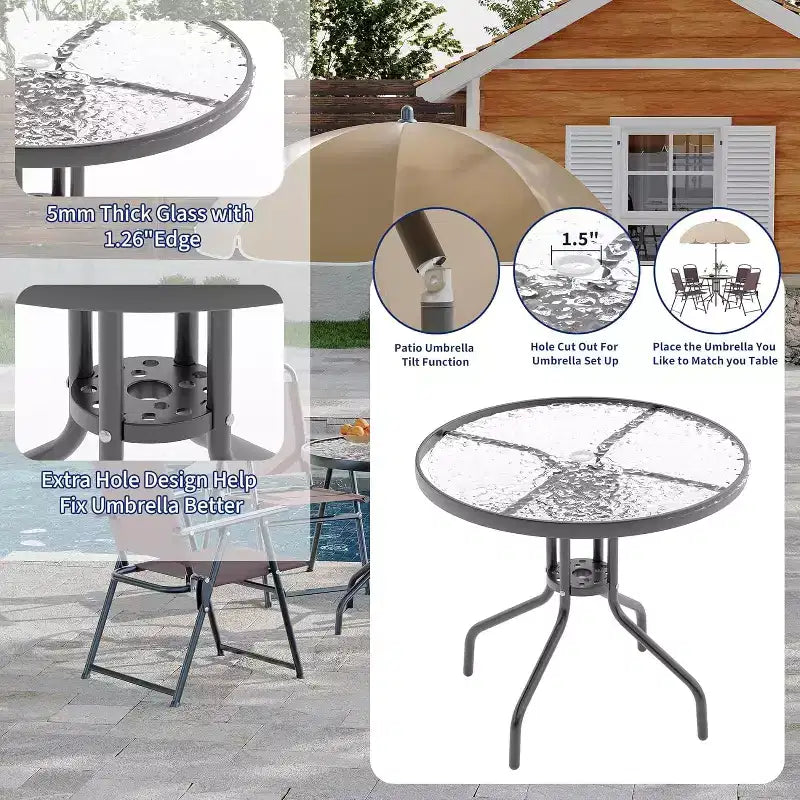 COZONY Salon de jardin 4 personnes, 6 pièces de mobilier d'extérieur 4 chaises pliantes Table plateau en verre trempé pour jardin, terrasse, piscine