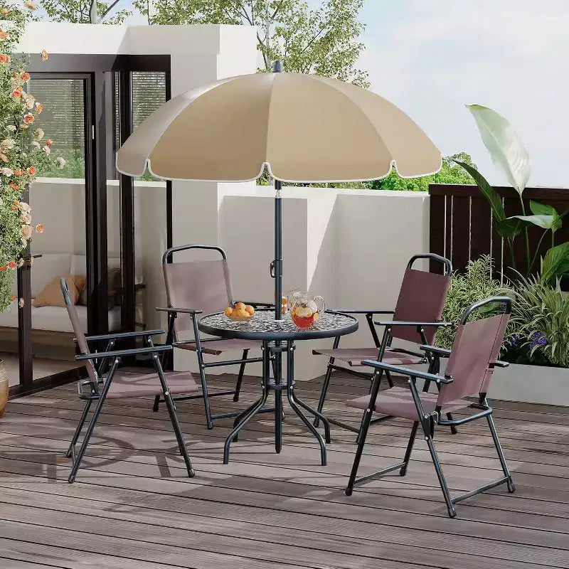 COZONY Salon de jardin 4 personnes, 6 pièces de mobilier d'extérieur 4 chaises pliantes Table plateau en verre trempé pour jardin, terrasse, piscine