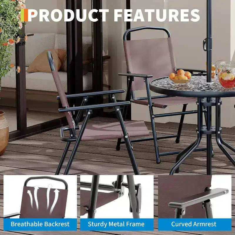 COZONY Salon de jardin 4 personnes, 6 pièces de mobilier d'extérieur 4 chaises pliantes Table plateau en verre trempé pour jardin, terrasse, piscine
