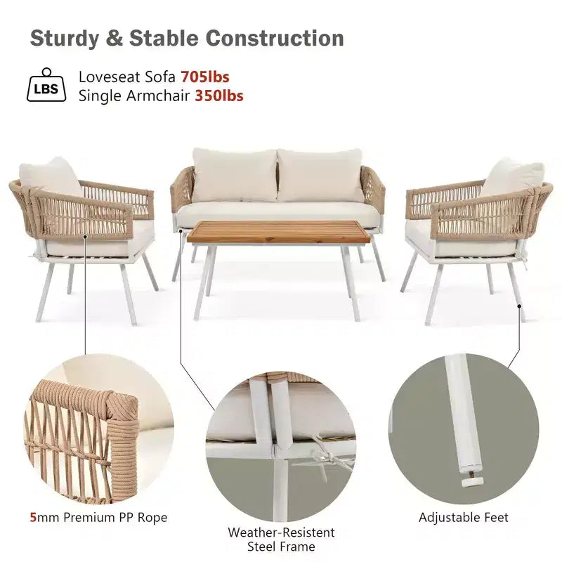 Ensemble de conversation d'extérieur GDFStudio Shaun 4 pièces style bohème avec table basse en bois d'acacia et sièges en métal