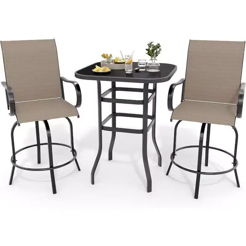 COZONY Patio Swivel Bar Set, Outdoor High Top Bar Table Swivel Chairs Glass Table All Weather Fabric for Patio