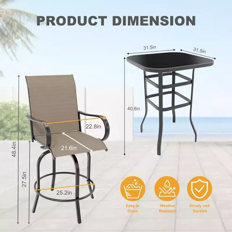 Ensemble de bar pivotant COZONY pour terrasse, table de bar haute d'extérieur, chaises pivotantes, table en verre, tissu tout temps pour terrasse