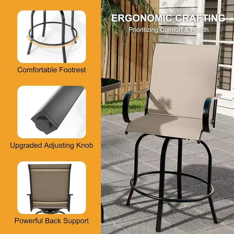 Ensemble de bar pivotant COZONY pour terrasse, table de bar haute d'extérieur, chaises pivotantes, table en verre, tissu tout temps pour terrasse
