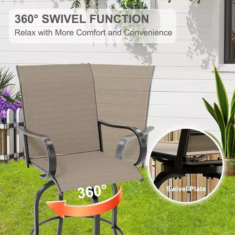 Ensemble de bar pivotant COZONY pour terrasse, table de bar haute d'extérieur, chaises pivotantes, table en verre, tissu tout temps pour terrasse
