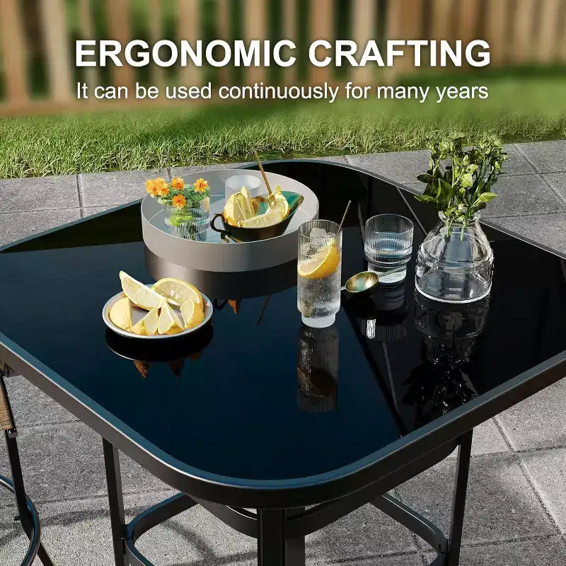 Ensemble de bar pivotant COZONY pour terrasse, table de bar haute d'extérieur, chaises pivotantes, table en verre, tissu tout temps pour terrasse