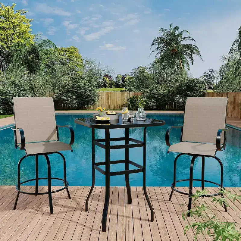 Ensemble de bar pivotant COZONY pour terrasse, table de bar haute d'extérieur, chaises pivotantes, table en verre, tissu tout temps pour terrasse