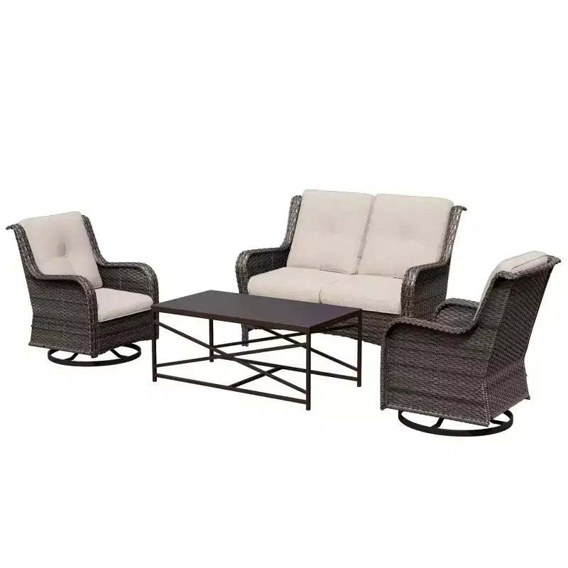 Ensemble de salon d'extérieur 4 pièces UPTIOT avec chaises berçantes pivotantes, canapé double et table rectangulaire