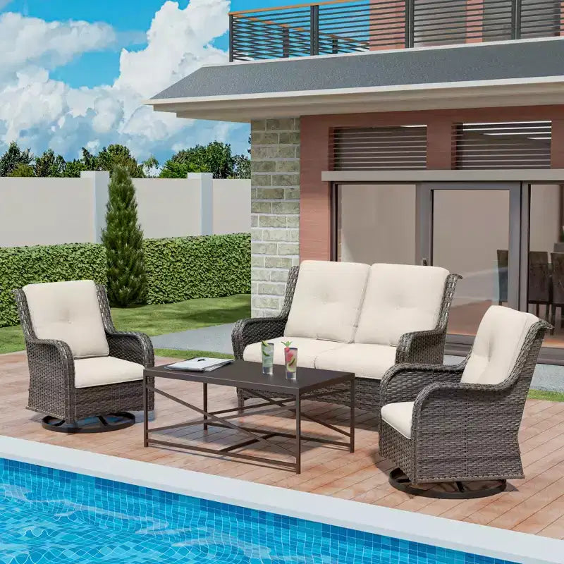 Ensemble de salon d'extérieur 4 pièces UPTIOT avec chaises berçantes pivotantes, canapé double et table rectangulaire