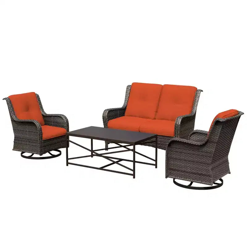 Ensemble de salon d'extérieur 4 pièces UPTIOT avec chaises berçantes pivotantes, canapé double et table rectangulaire