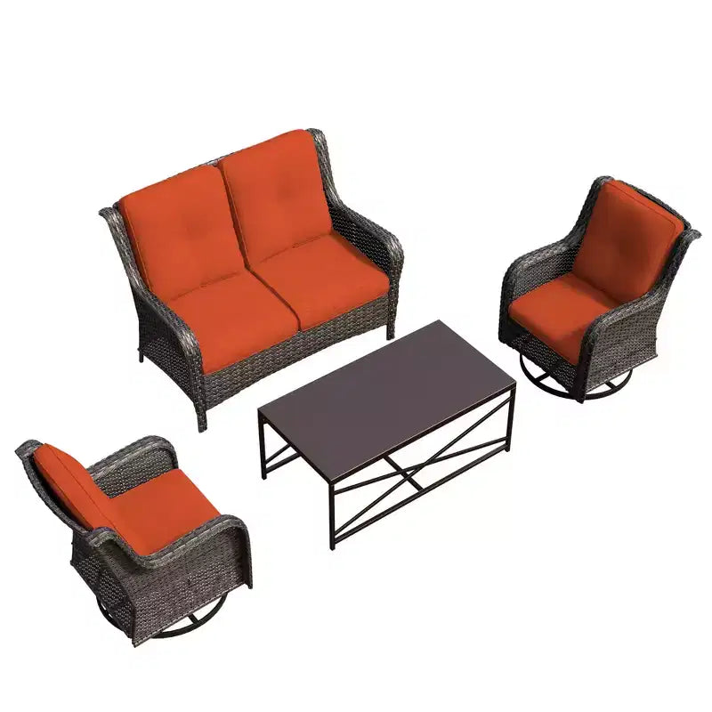 Ensemble de salon d'extérieur 4 pièces UPTIOT avec chaises berçantes pivotantes, canapé double et table rectangulaire