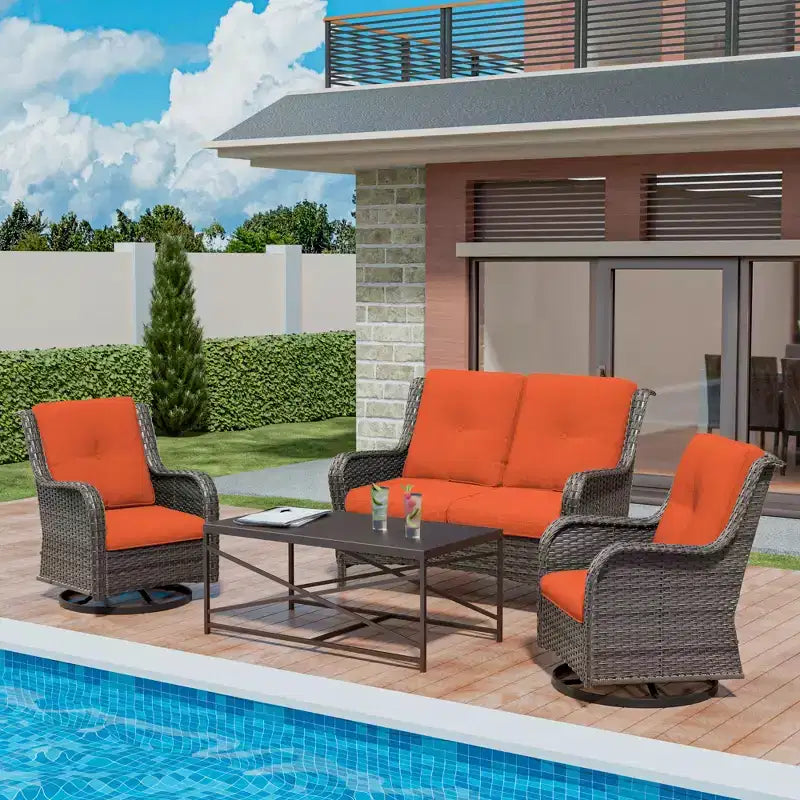 Ensemble de salon d'extérieur 4 pièces UPTIOT avec chaises berçantes pivotantes, canapé double et table rectangulaire