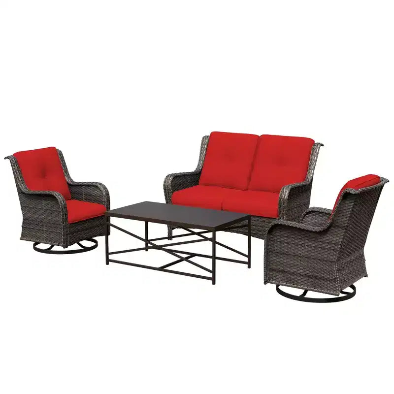 Ensemble de salon d'extérieur 4 pièces UPTIOT avec chaises berçantes pivotantes, canapé double et table rectangulaire