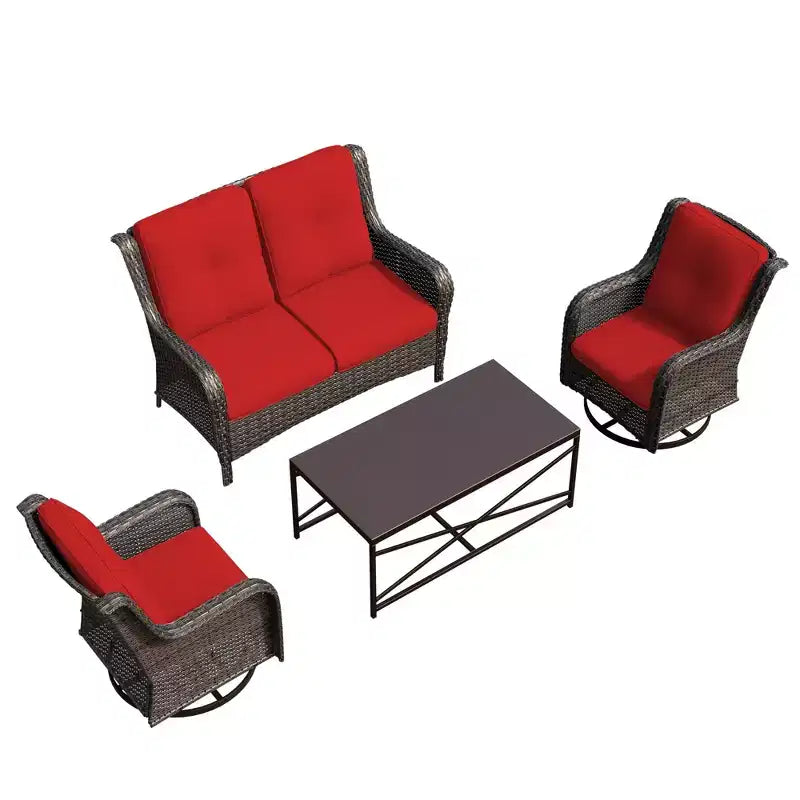 Ensemble de salon d'extérieur 4 pièces UPTIOT avec chaises berçantes pivotantes, canapé double et table rectangulaire