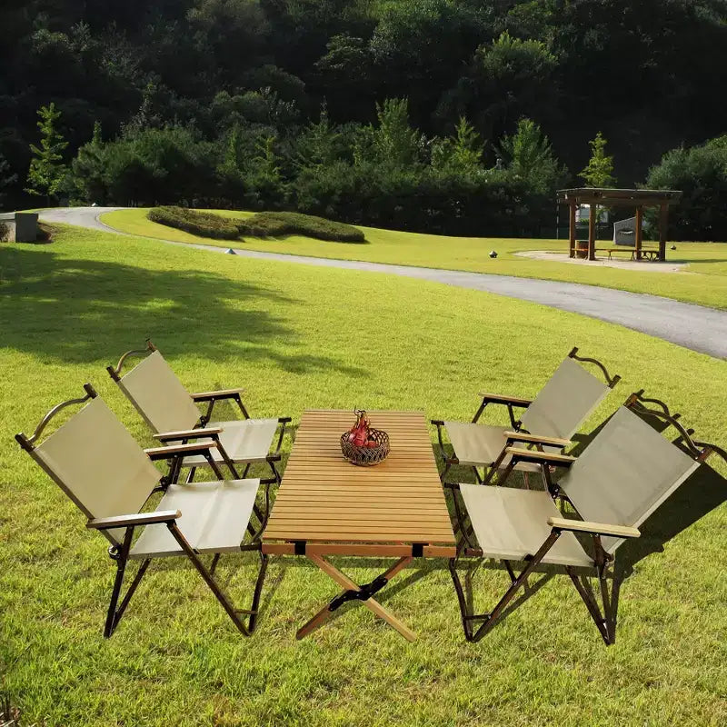 Multifunctional Foldable Portable Dining Set, 1 Dining Table, 4 Folding Chairs, Indoor Outdoor Wooden Camping Picnic Table for Garden Patio