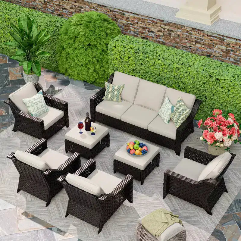 UPTIOT Salon de jardin 6 pièces avec deux canapés 3 places, deux fauteuils et deux ottomans