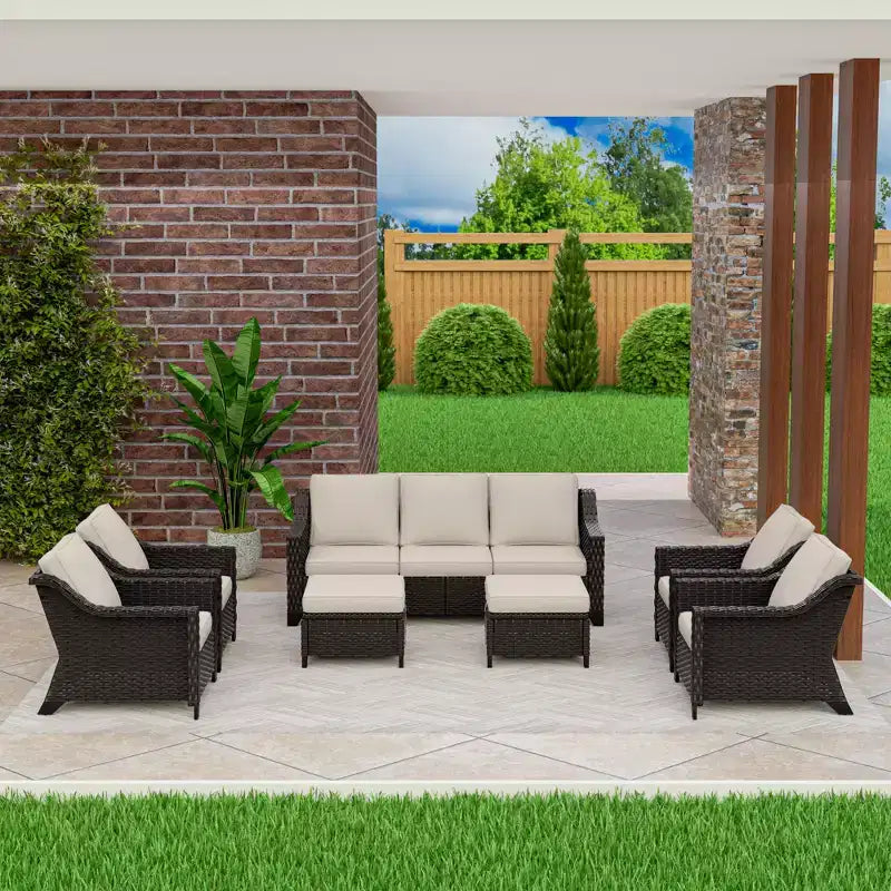 UPTIOT Salon de jardin 6 pièces avec deux canapés 3 places, deux fauteuils et deux ottomans