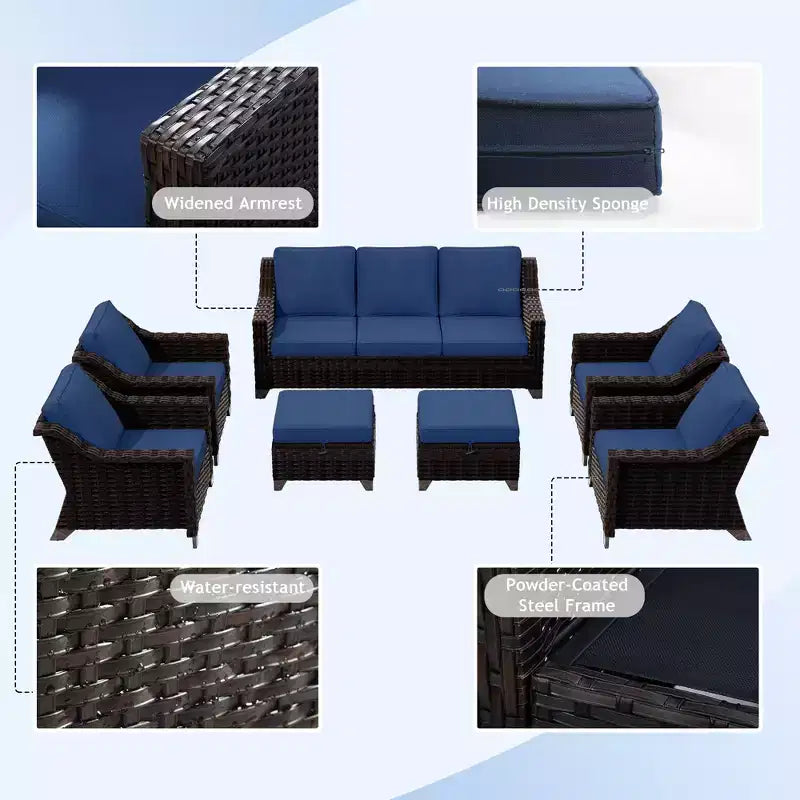 UPTIOT Salon de jardin 6 pièces avec deux canapés 3 places, deux fauteuils et deux ottomans