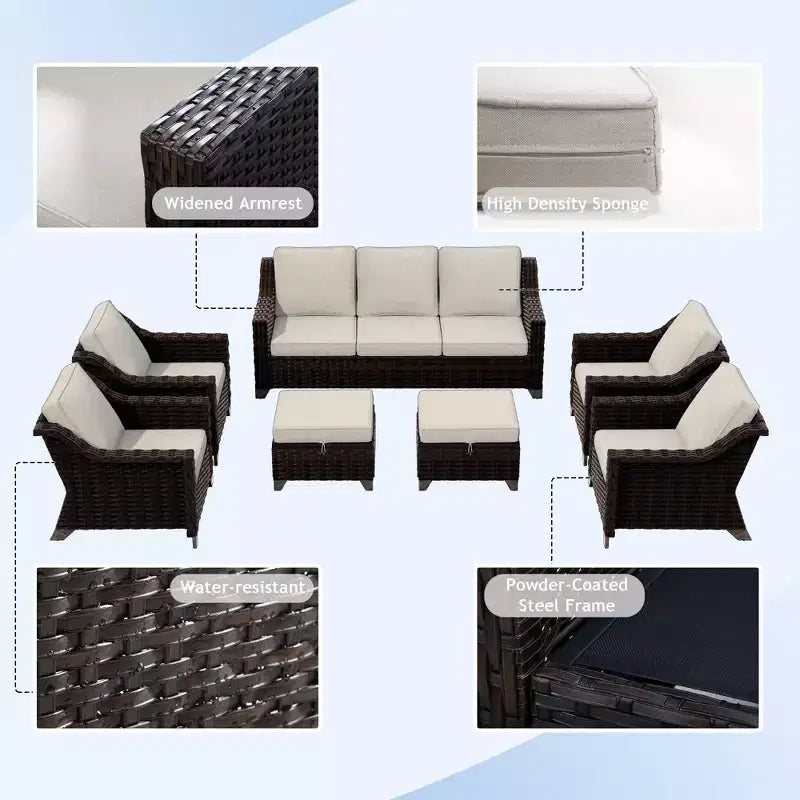 UPTIOT Salon de jardin 6 pièces avec deux canapés 3 places, deux fauteuils et deux ottomans