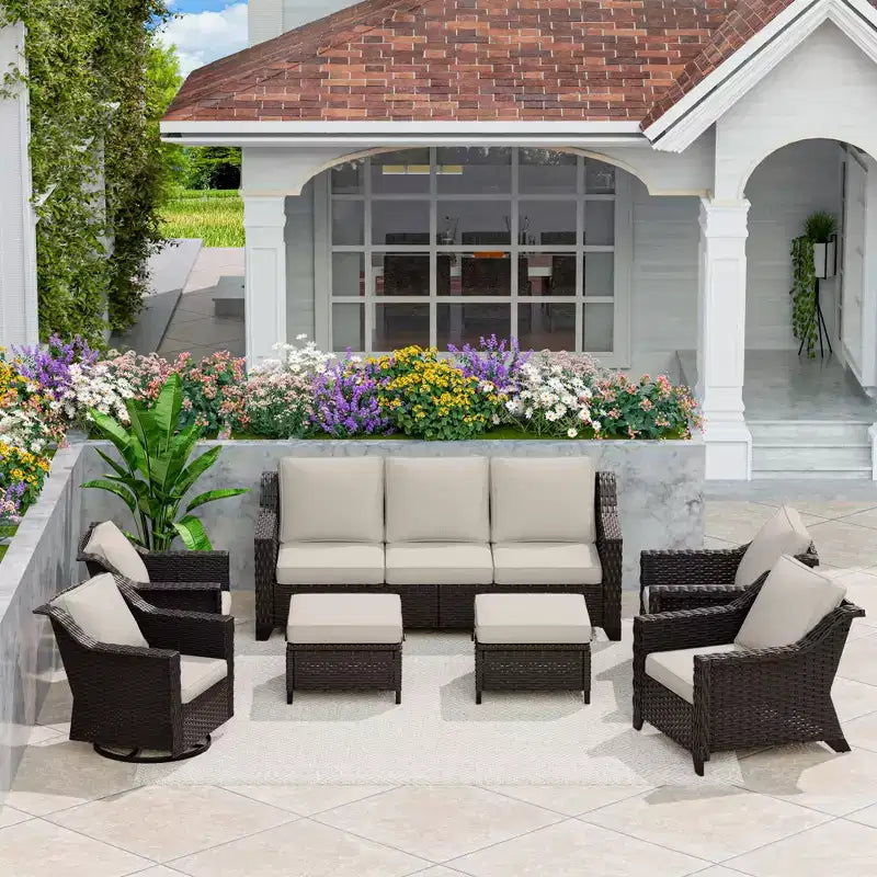 Ensemble modulaire d'extérieur 7 pièces UPTIOT : canapé 3 places, 2 fauteuils pivotants, 2 fauteuils et 2 poufs