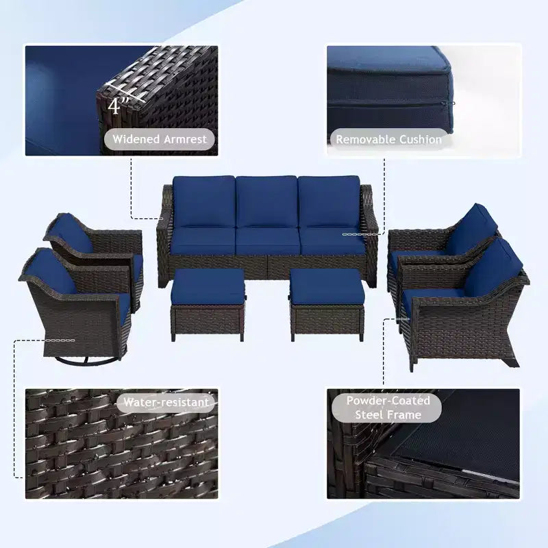 Ensemble modulaire d'extérieur 7 pièces UPTIOT : canapé 3 places, 2 fauteuils pivotants, 2 fauteuils et 2 poufs