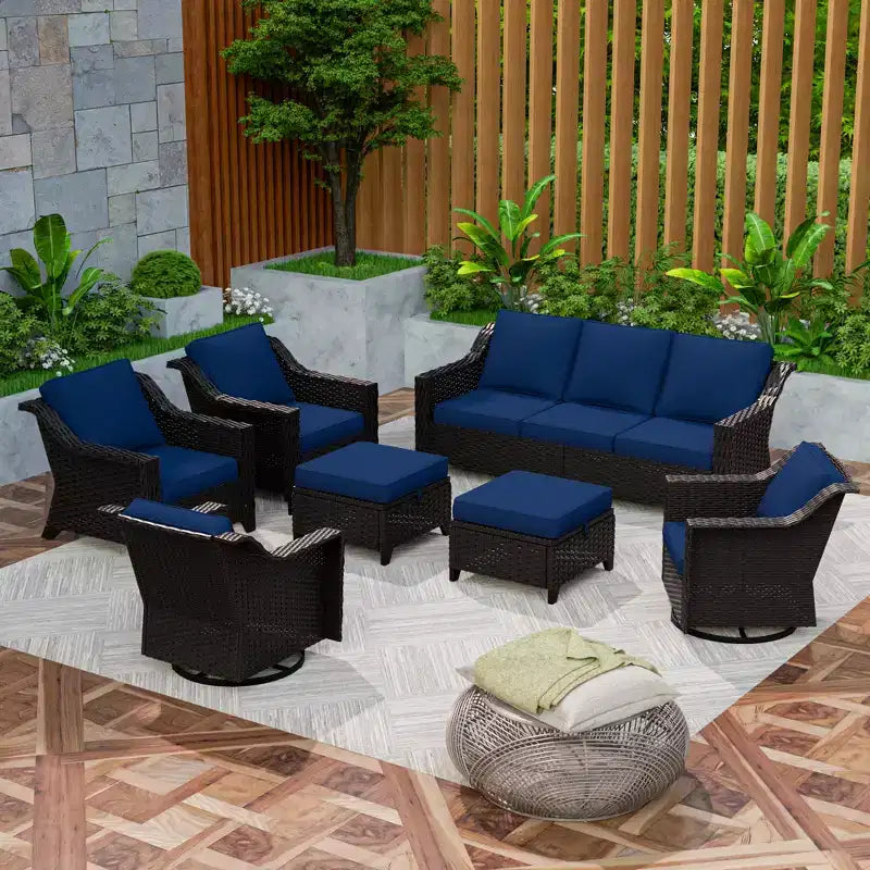 Ensemble modulaire d'extérieur 7 pièces UPTIOT : canapé 3 places, 2 fauteuils pivotants, 2 fauteuils et 2 poufs
