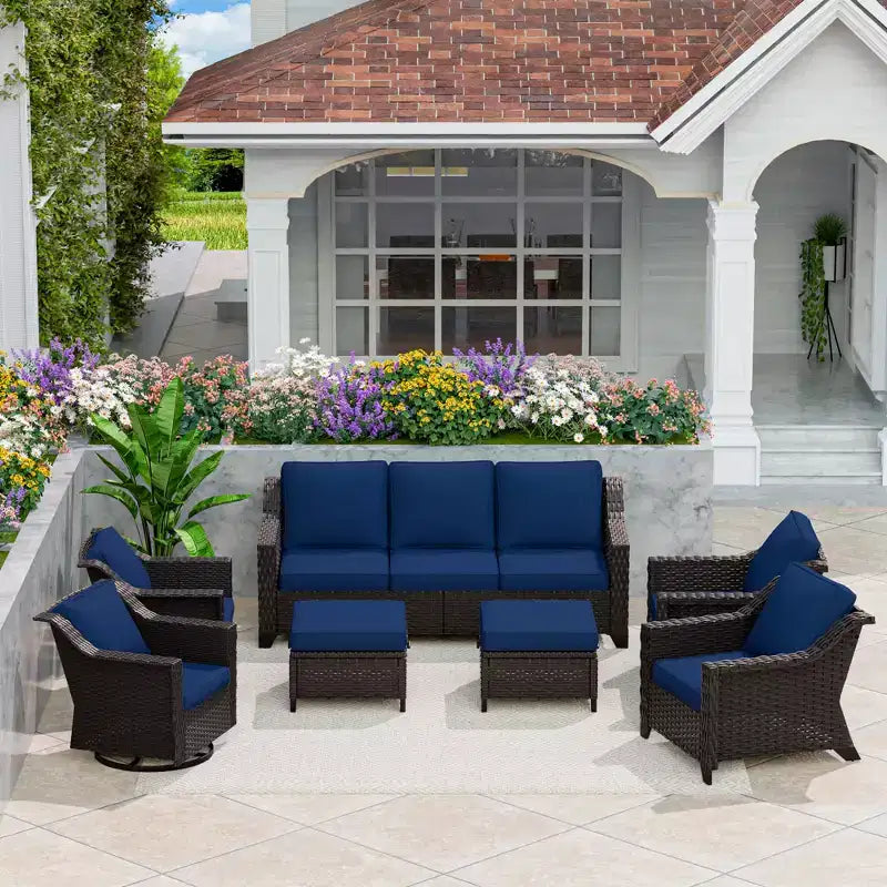 Ensemble modulaire d'extérieur 7 pièces UPTIOT : canapé 3 places, 2 fauteuils pivotants, 2 fauteuils et 2 poufs