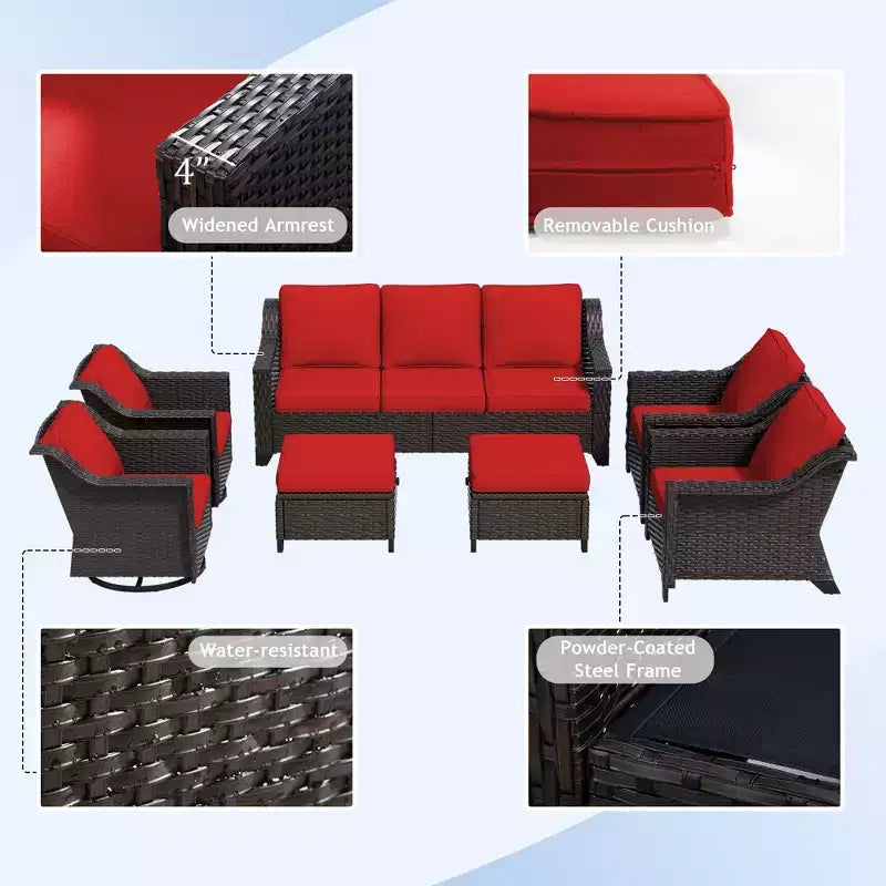 Ensemble modulaire d'extérieur 7 pièces UPTIOT : canapé 3 places, 2 fauteuils pivotants, 2 fauteuils et 2 poufs