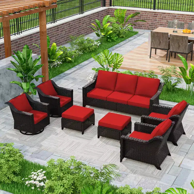 Ensemble modulaire d'extérieur 7 pièces UPTIOT : canapé 3 places, 2 fauteuils pivotants, 2 fauteuils et 2 poufs