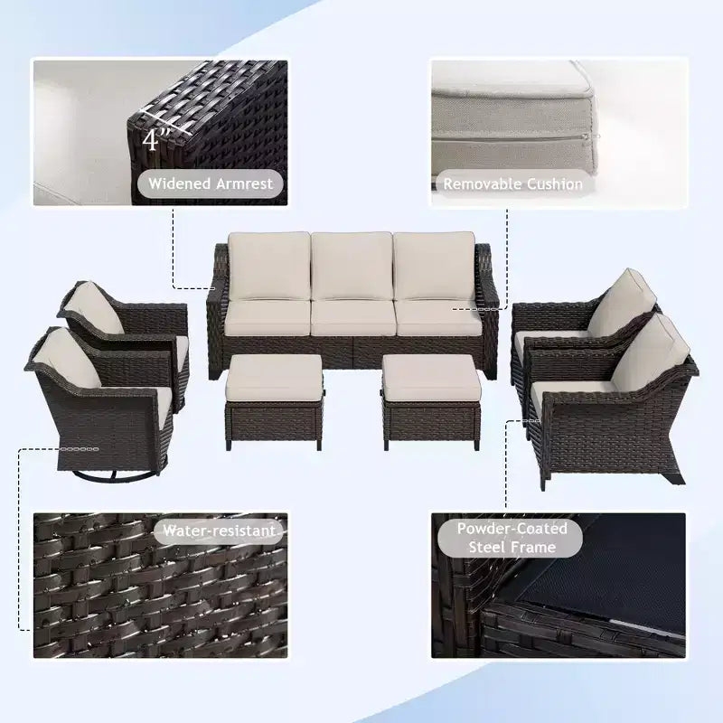 Ensemble modulaire d'extérieur 7 pièces UPTIOT : canapé 3 places, 2 fauteuils pivotants, 2 fauteuils et 2 poufs