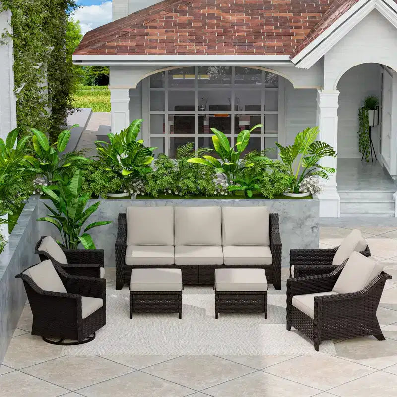 Ensemble modulaire d'extérieur 7 pièces UPTIOT : canapé 3 places, 2 fauteuils pivotants, 2 fauteuils et 2 poufs