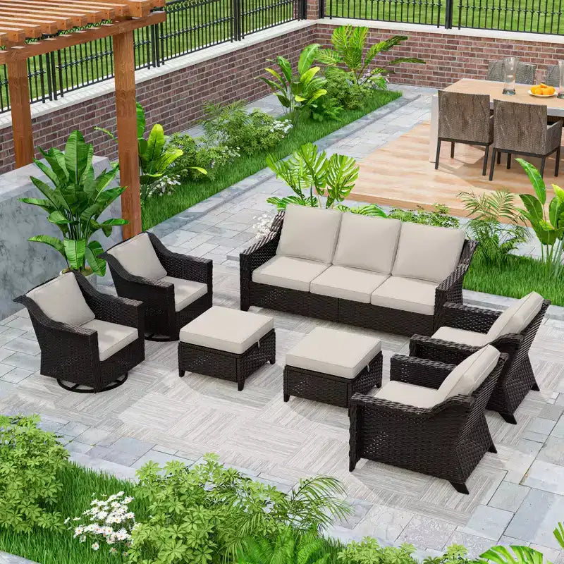 Ensemble modulaire d'extérieur 7 pièces UPTIOT : canapé 3 places, 2 fauteuils pivotants, 2 fauteuils et 2 poufs