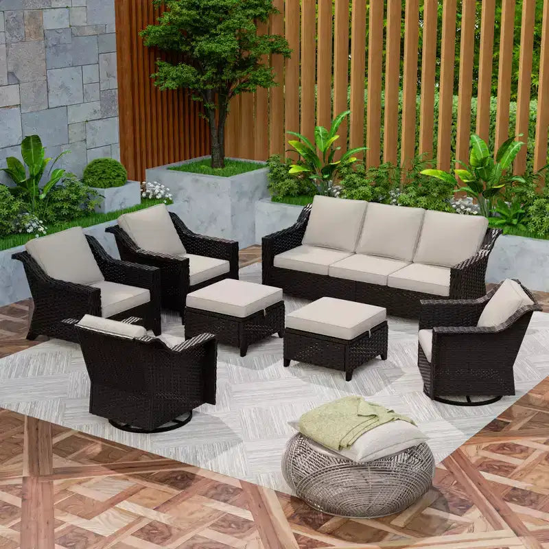 Ensemble modulaire d'extérieur 7 pièces UPTIOT : canapé 3 places, 2 fauteuils pivotants, 2 fauteuils et 2 poufs