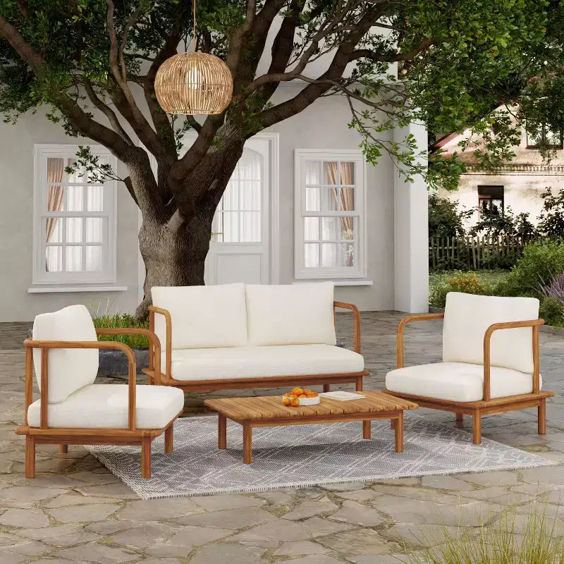 Christopher Knight Home Isamu Modern 4 Piece Acacia Wood Patio Seating Set with Cushion