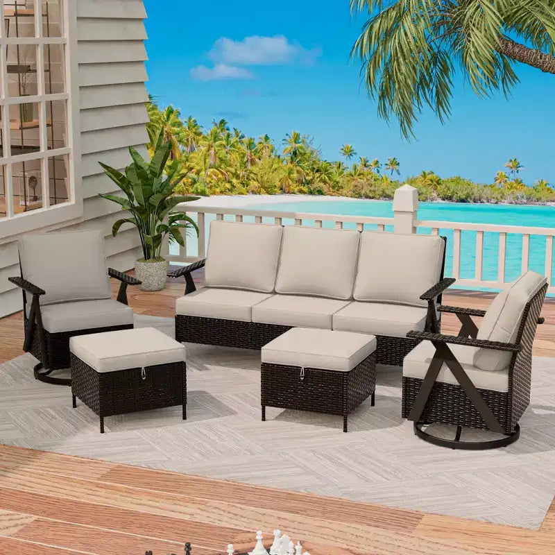 Ensemble de sièges d'extérieur UPTIOT 5 pièces : canapé 3 places, 2 fauteuils pivotants à bascule et 2 poufs pour un confort optimal sur votre terrasse