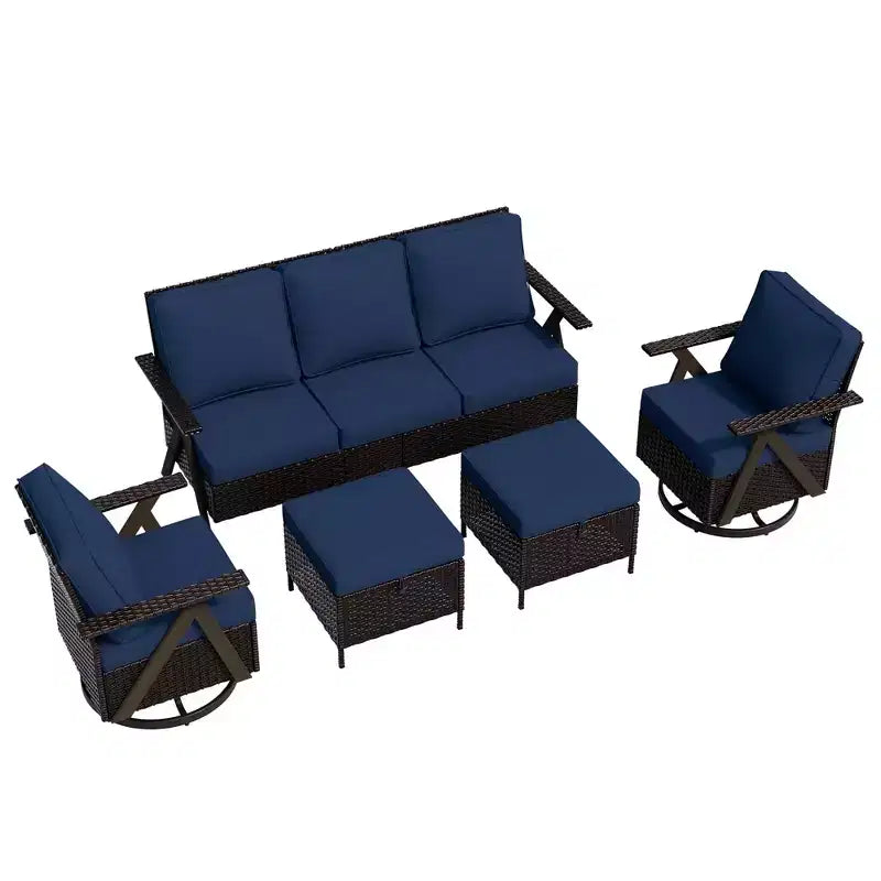 Ensemble de sièges d'extérieur UPTIOT 5 pièces : canapé 3 places, 2 fauteuils pivotants à bascule et 2 poufs pour un confort optimal sur votre terrasse
