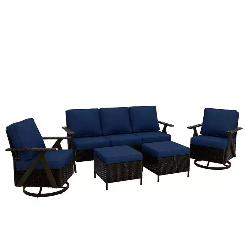 Ensemble de sièges d'extérieur UPTIOT 5 pièces : canapé 3 places, 2 fauteuils pivotants à bascule et 2 poufs pour un confort optimal sur votre terrasse