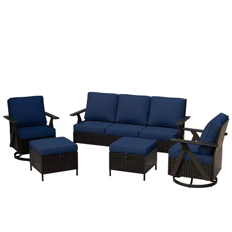 Ensemble de sièges d'extérieur UPTIOT 5 pièces : canapé 3 places, 2 fauteuils pivotants à bascule et 2 poufs pour un confort optimal sur votre terrasse